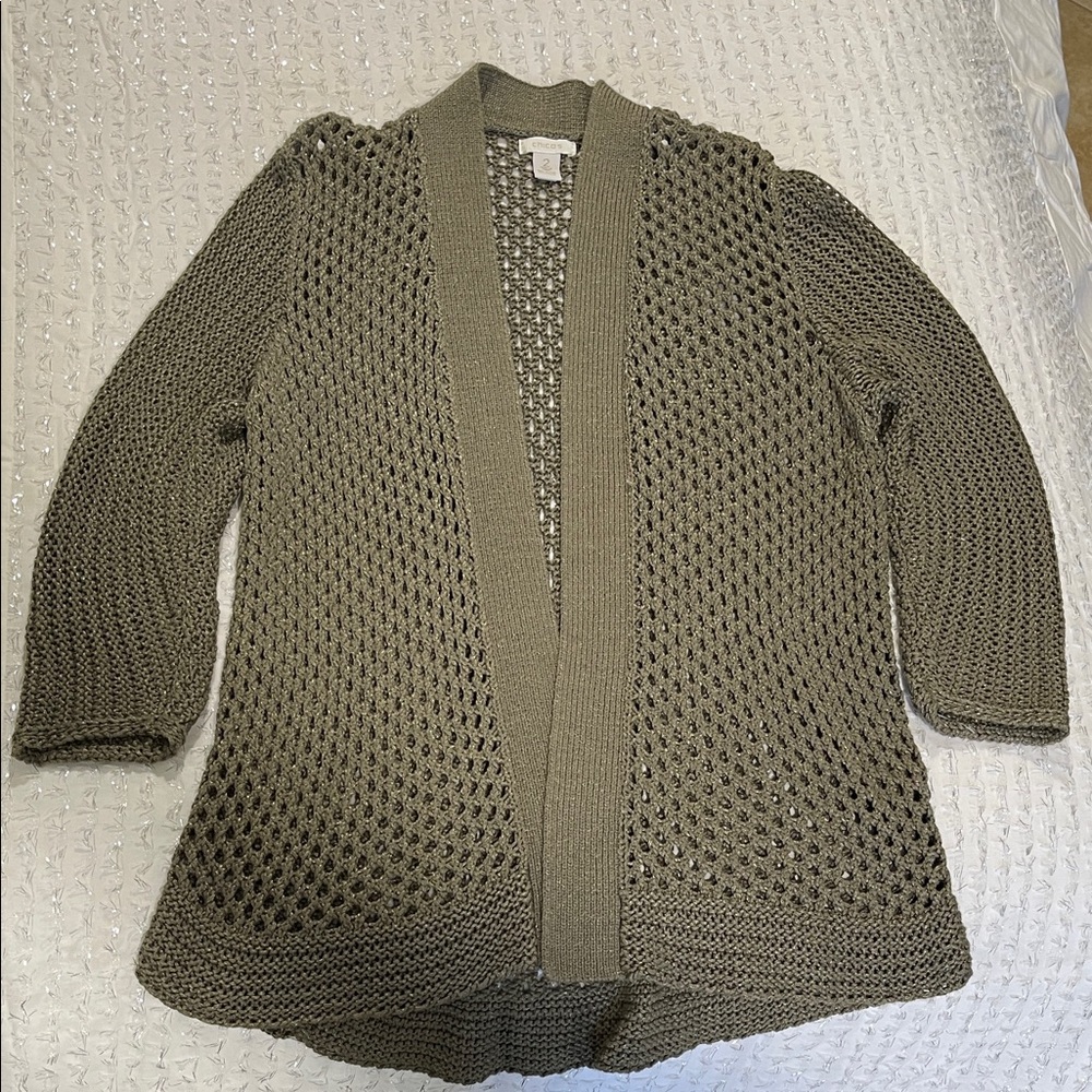 Chico's Khaki Open Knit Cardigan